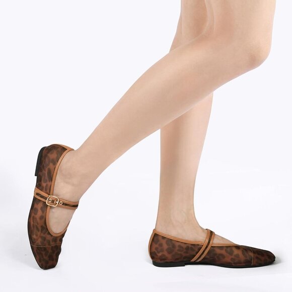 Women's Leopard Print Mesh Ballet Flats Square Toe Buckle Shoes for Dress - Picture 4 of 7